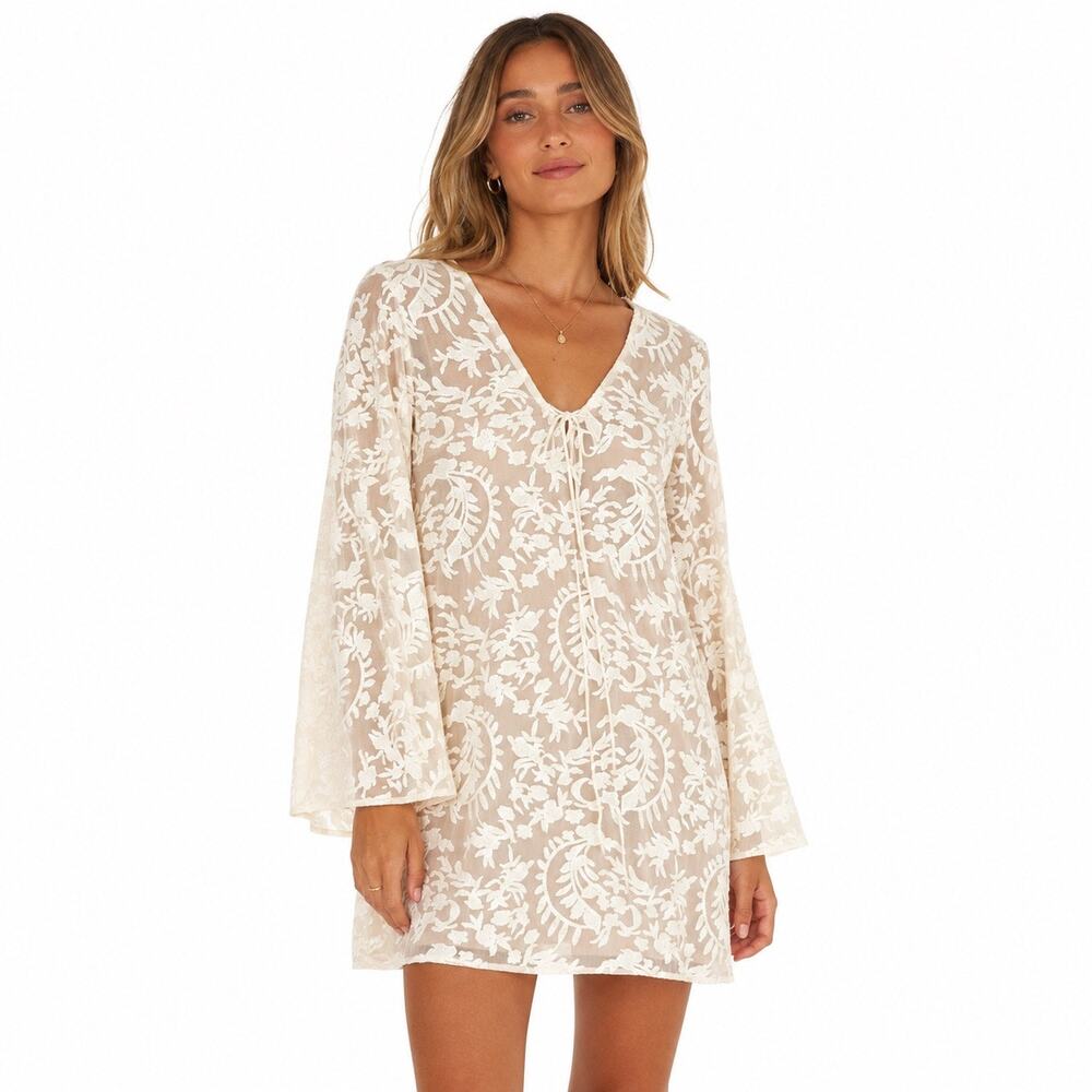 Bronte Cream Embroidered Lace Tunic Dress Bell Sleeve Boho Romantic M/L